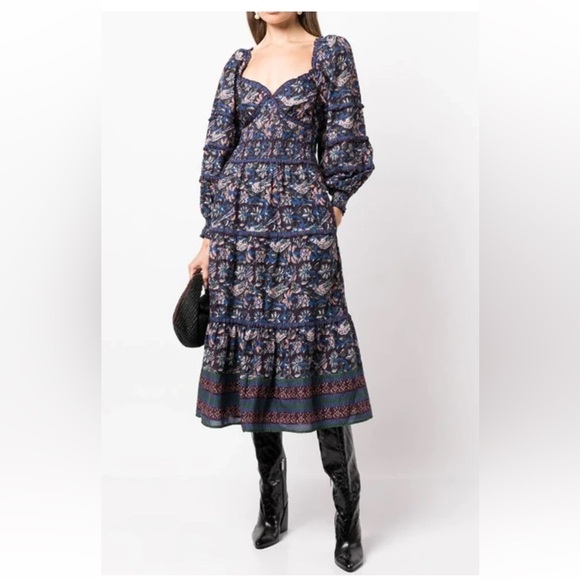 Sea New York Dresses & Skirts - Sea New York Noah Floral Bird Print Smocked Long Sleeve Midi Dress Sz 4 Cotton